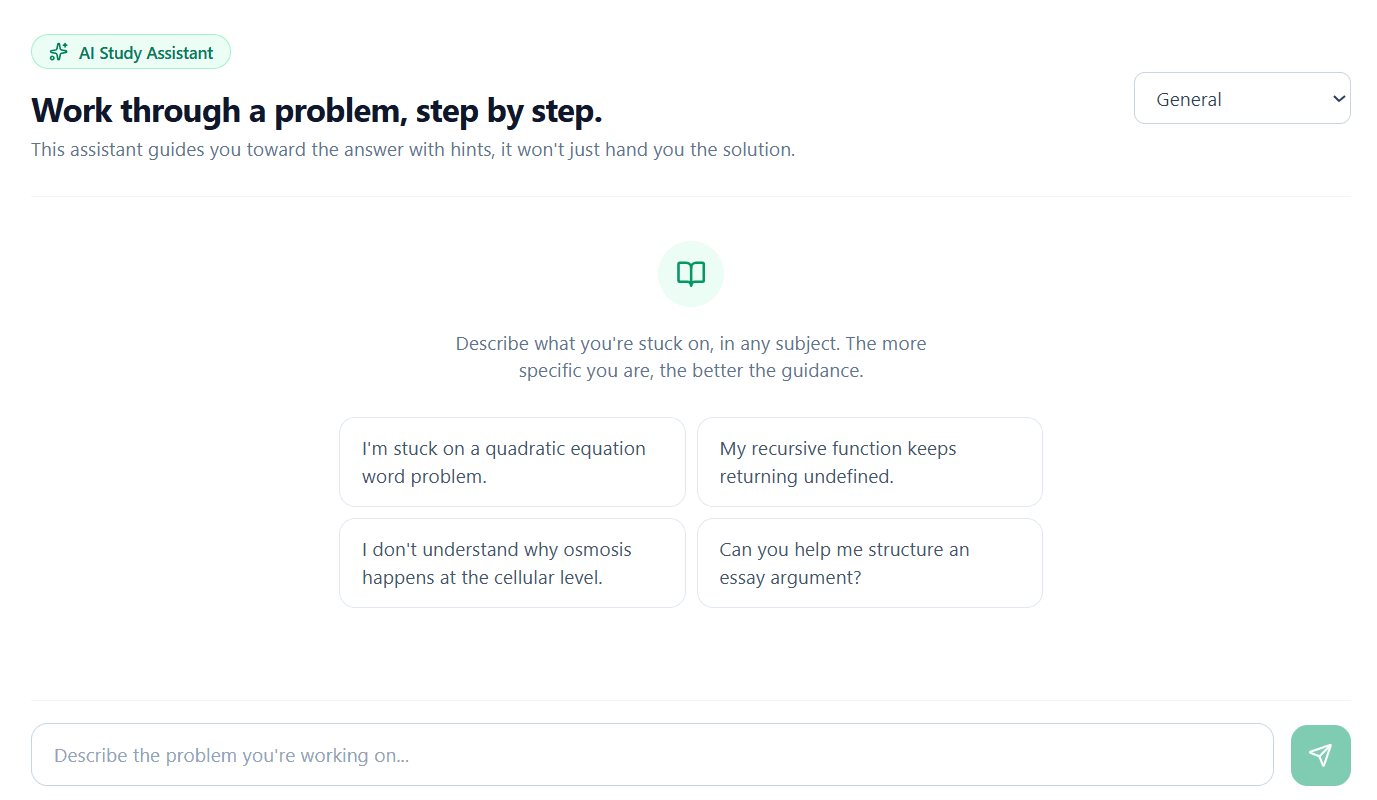 AI Study Assistant chat guiding a student through a problem