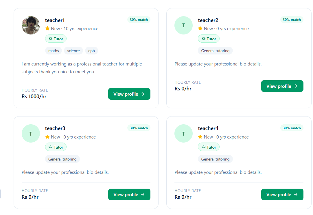 Ranked tutor matches with subject, rate, and rating