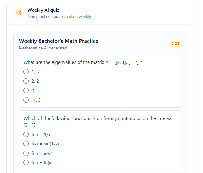 Weekly AI quiz with multiple choice question and score