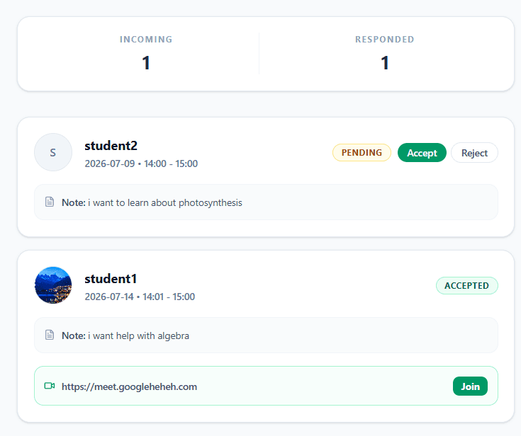 Booking requests list showing pending and accepted sessions